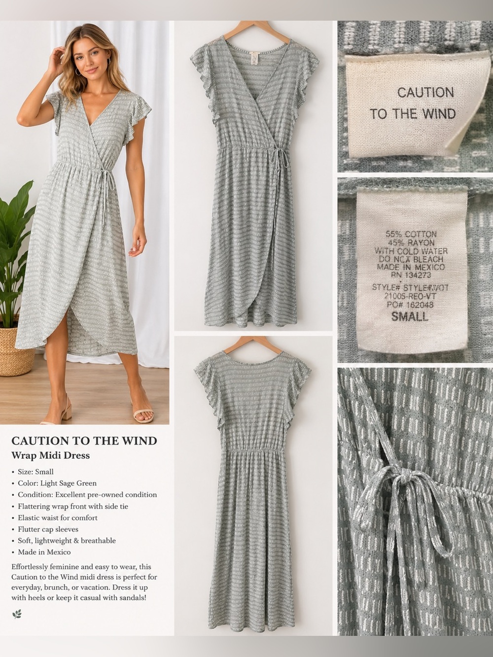 Caution To The Wind Sage Green Textured Wrap Midi Dress summer cottage